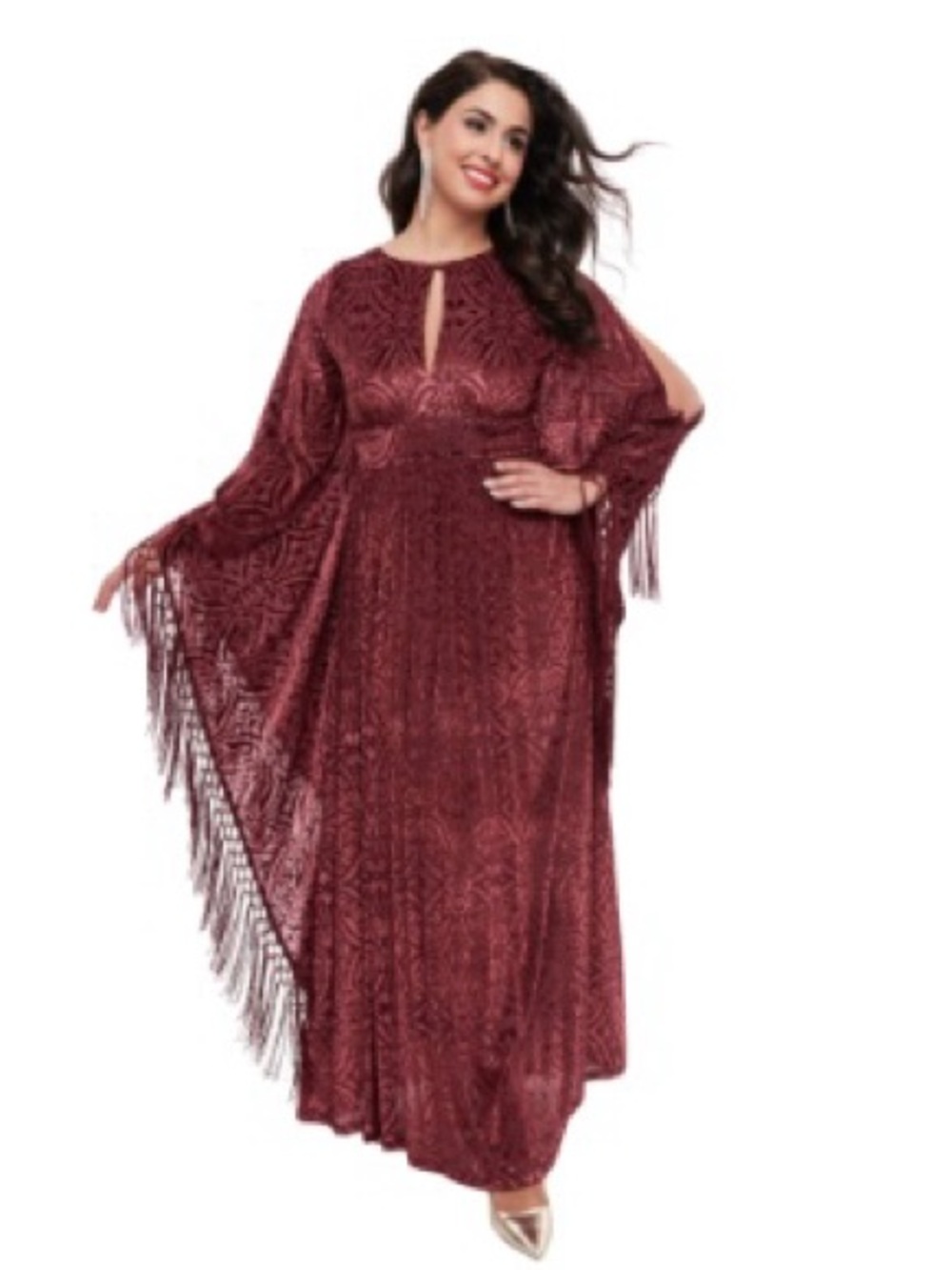 Unique Vintage flutter sleeve Kaftan Dress Fringe cold shoulder design maroon N